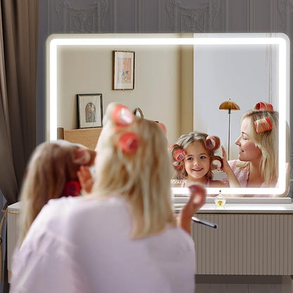Hasipu Vanity Mirror with Lights and Bluetooth Speaker, 47.2" x 29.5" LED Makeup Mirror, Lighted Makeup Mirror with Dimmable 3 Modes, Touch Screen Control Vanity Mirror Round White