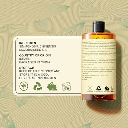Pure Jojoba Oil Organic USDA Certified 16 fl oz, 100% Natural Jojoba Oil for Hair, Skin & Face, Cold Pressed Unrefined, Deeply Moisturizing Body Carrier Oils for Essential Oils Mixing