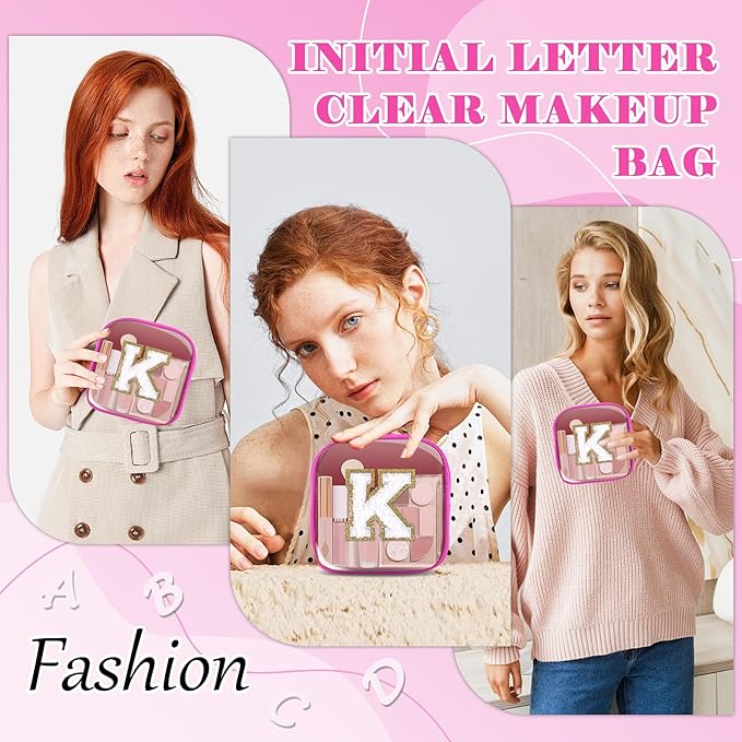 Personalized Initial Letter Clear Preppy Makeup Bag,Mini Nylon Chenille Letter Cosmetic Bag Cute Zipper Pouch Coin Purse for Teen Girls,Portable TSA Approved Travel Essentials Bag Gift for Women,K