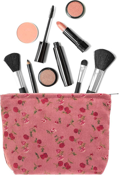 PAZIMIIK Makeup Bag Large Zipper Corduroy Make Up Pouch for Purse Travel Canvas Cosmetic Organizer for Women Brush Storage,Vintage Rose Red