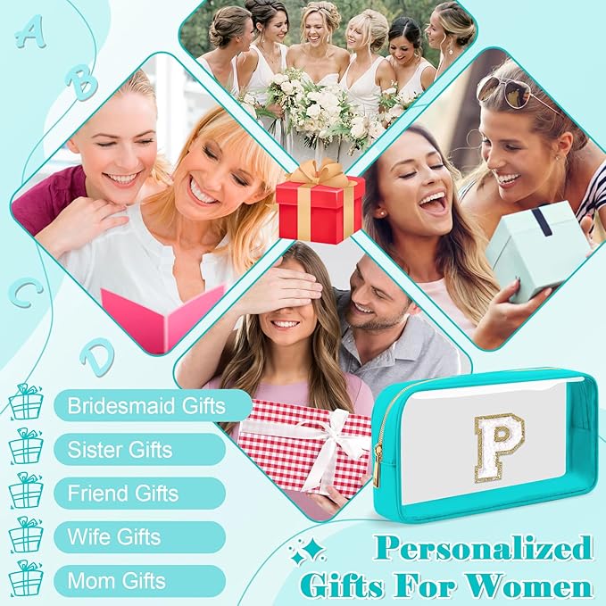 Personalized Initial Letter Clear Makeup Bag,Preppy Small Nylon&PVC Cosmetic Zipper Bag with Chenille Letter,Portable Beach Travel Skincare Toiletry Bag,Trendy Monogram Gift for Teen Girls Women,P