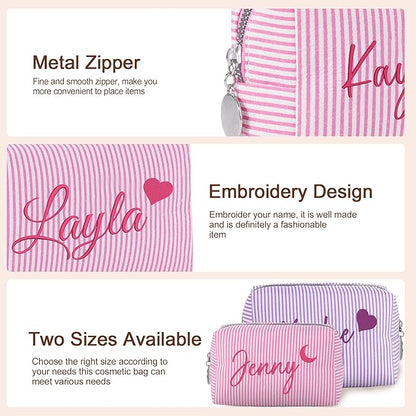 Yofair Personalized Makeup Bag with Heart, Large Capacity Travel Toiletry Case Teen Girl Gift Trendy Stufff Custom Seersucker Cosmetic Bags Wedding Birthday Gifts for Girls Women