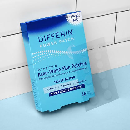 Differin Acne Patches, Pimple Patches for Acne Prone Skin, Formulated with Salicylic Acid and Centella, Fast Triple Action Power Patch for Day & Night, Dermatologist Tested, 36 Count (Pack of 12)