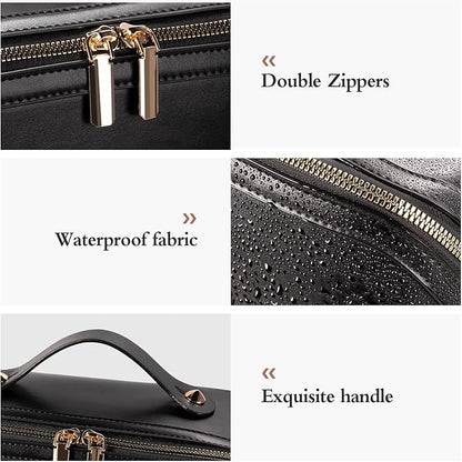 Abiudeng Travel Makeup Bag,Large Capacity Toiletry Bag Cosmetic Bags for Travel Essentials,Waterproof Portable Pouch Open Flat Makeup bag Organizer with Divider and Handle-black
