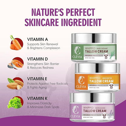 Beef Tallow Moisturizer with Organic Jojoba Oil 4 oz - Whipped Tallow Anti-Wrinkle Cream - Grass Fed Tallow Cream for Face & Body - Hydrating Moisturizer for Dry & Sensitive Skin | Vanilla Lavender