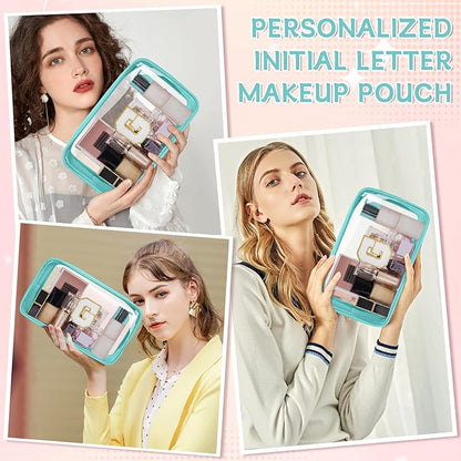Personalized Initial Clear Makeup Bag, Travel Chenille Patch Cosmetic Bag, Preppy Toiletry Bag Monogram Cosmetic Pouch with Zipper, Ideal Gift for Teen Girls Women (Clear-Green, G)