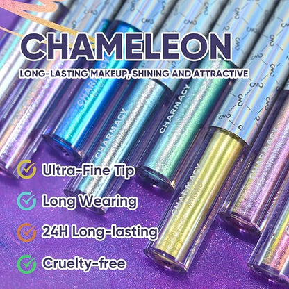 CHARMACY Chameleon Liquid Eyeliner, Liquid Glitter Eyeliner, Highly Pigmented, Metallic MultiColor Shifting waterproof Eyeliner, Ultra-Fine Tip, Longwearing, Smudge-proof (#305)