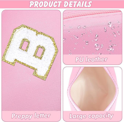 Initial Makeup Bag Personalized Preppy Travel Small Cosmetic Bag Cute PU Pink Chenille Letter Makeup Pouch for Purse Waterproof Zippered Toiletry Organizer for Women Girls Kids Friends（B）
