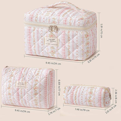 HBselect Quilted Makeup Bag, 3PCS Cotton Large Travel Makeup Bag, Cute Floral Coquette Make up Bag Cosmetic Bag Toiletry Bag for Women Girls
