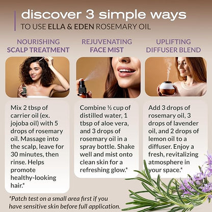 Ella & Eden Organic Rosemary Essential Oil - BIG 4 Oz bottle, 100% Pure, Steam-Distilled, Hexane-Free - for Hair Growth, Skin, Aromatherapy - Glass Bottle