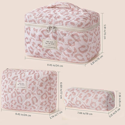 HBselect Quilted Makeup Bag, 3PCS Cotton Large Travel Makeup Bag, Cute Floral Coquette Make up Bag Cosmetic Bag Toiletry Bag for Women Girls