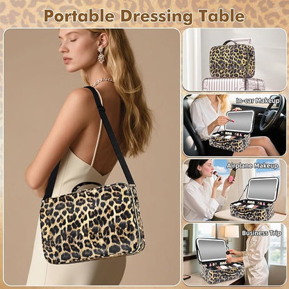 15''X11'' Large Makeup Bag with Removable Lighted Mirror, Professional Travel Make up Bag with Mirror and Light Cosmetic Train Case Organizer, PU Leather with Adjustable Dividers & Brush Storage Board