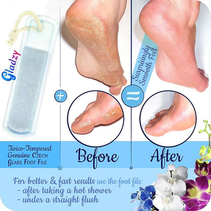 Genuine Czech Glass Nail File Set by GLADZY - Callus Remover Foot Rasp, Cuticle Pusher Manicure Stick, Double Sided Etched Different Grit Surface, Professional Nail Care Tool Kit, Made in EU