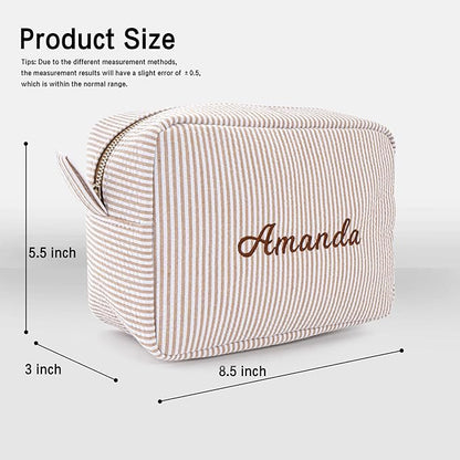 MT WORLD Cosmetic Bag Personalized Makeup Bag for Women Girls Seersucker Preppy Bridesmaid Makeup Bag Cute Aesthetic Toiletry Bag Girls Handbags Purses (Brown)