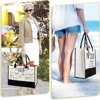 100th Birthday Gifts for Women Canvas Tote Bag Travel Gear,Unique 100 Years Old Gifts for Wife Mom Sister Aunt Friends Her, Vintage N°100 Handbag & Cosmetic Bag & Back in 1925 Poster