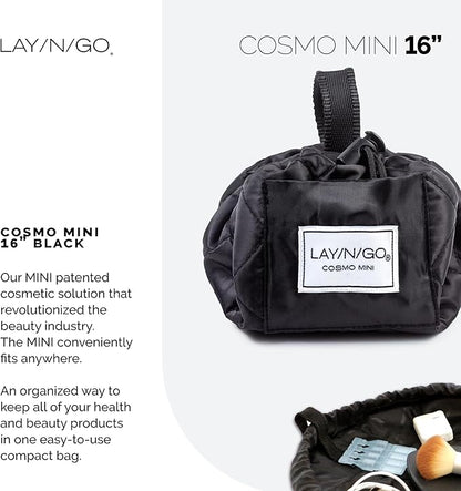 Lay-n-Go Cosmo Layflat Drawstring Cosmetic & Makeup Bag Organizer w/Zipper Pocket, Brush Loops & More, Cinch to Close, Lay Flat to Use, Durable, Machine Wash, Travel Toiletry Bag (16", Black)