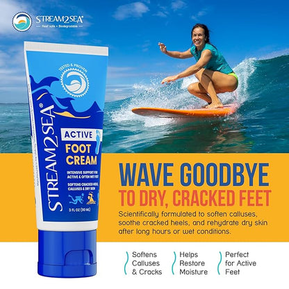 STREAM 2 SEA Active Foot Cream, Intensive Support for Active & Often Wet Feet - Softens Cracked Heels, Calluses & Dry Skin, Enriched with Neem and Tea Tree, Fast-absorbing and Non-greasy - 3 Fl oz