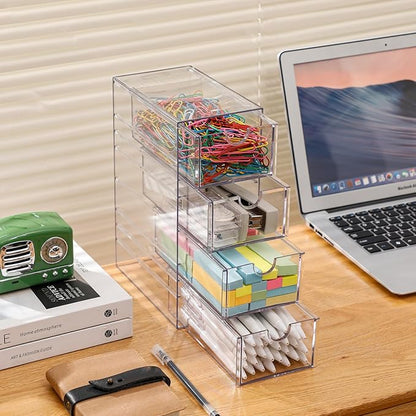 FABROK Clear Hair Accessory Organizer Box with 4 Drawers, Compact Storage Organization Drawers Set for Cosmetics, Glasses, Stationery, Stackable Storage Containers Box for Bathroom, Closet, Desk, Office