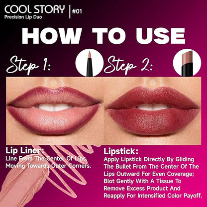 COOL STORY 2 Piece Lip Liner and Lipstick Set, Long Lasting Formula, Professional Makeup Kit (01)