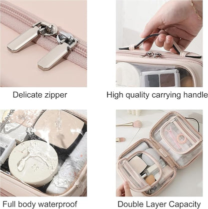 Veki Transparent Makeup Bag Travel Cosmetic Bags Case Waterproof Toiletries Bag Large Capacity Open Storage Bags Organizer With Zipper, Portable Make Up Organizer for Women and Girls