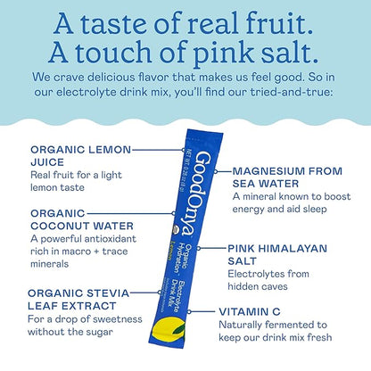 GOODONYA Organic Hydration Electrolyte Drink Mix, Certified Organic Hydration Powder, Non-GMO, Biochecked Glyphosate Free, Low Sugar, Lemonade Flavor, No Artificial Flavors,12 Stick Packs