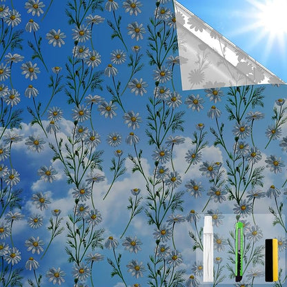 One Way Privacy Film, Window Tint for Home,Daytime Reflective, Anti UV Static Cling Sliding Door Coverings No Glue Garage Solar Paper (Black - Silver-Daisy, 45.27 x 157.4 in)