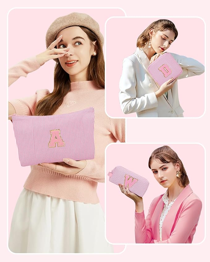 MONSTINA Personalized Initial Makeup Bag for Women,Make Up Case for Girlfriend Bridesmaid Wife,Maid Matron of Honor Gift, Bride to be Gifts,Bachelorette Party Favors,Birthday Gift for Her Pink W