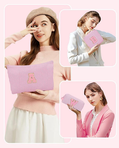 MONSTINA Personalized Initial Makeup Bag for Women,Make Up Case for Girlfriend Bridesmaid Wife,Maid Matron of Honor Gift, Bride to be Gifts,Bachelorette Party Favors,Birthday Gift for Her Pink W