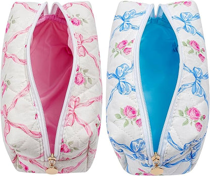 Makeup Bag Travel Cosmetic Bag for Women Girls, Zipper Make Up Pouch, Floral Flowers Toiletry Organizer Makeup, Portable Storage Bag, Cosmetic Travel Cloth Bag (Pink Bowknot+Blue Bowknot)