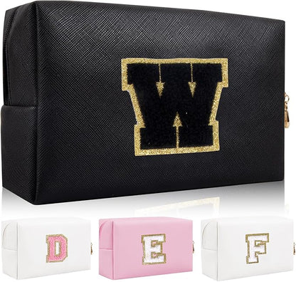 Personalized Initial Letter Patch Makeup Bag, Preppy Portable Chenille Cosmetic Bag with Zipper, PU Leather Waterproof Travel Toiletry Bag Monogram Make Up Pouch for Women Girls