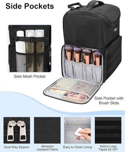 Relavel Makeup Backpack Large Makeup Bag with 3 Clear Set Bags, Dual Layer Professional Cosmetic Organizer Travel Train Case Makeup Artist Kit with Adjustable Dividers & Easy to Clean Lining, Black