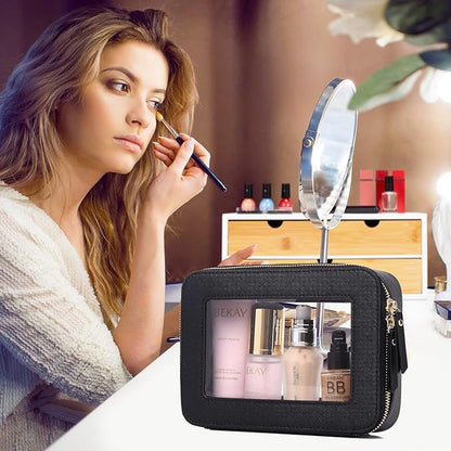 Pinkmik Travel Clear Makeup Bag with Brush Case TSA Approved Toiletry Bag Waterproof Cosmetic Organizer with Zipper Car Essential for Women (Black, M+SLIM)
