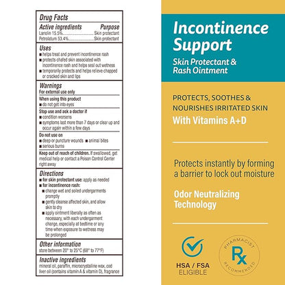 A+D Incontinence Support Skin Protectant & Rash Ointment – Treats & Prevents Incontinence Rash, Soothes Chafed Skin, Odor Neutralizing Technology - 16 oz