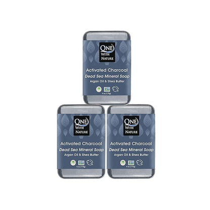 One With Nature Activated Charcoal Soap 4oz 3-Pack – Detoxifying and Exfoliating Charcoal Soap Bar with Dead Sea Salt for Face & Body, for Men & Women