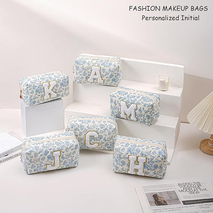 Gleyemor Personalized Initial Makeup Bag for Women, Cute Quilted Blue Floral Cotton Cosmetic Bag, Christmas Gifts for Her Mom Friend Sister Bridesmaid Teacher Women M