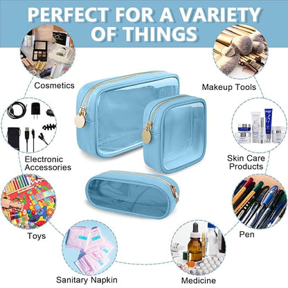 Clear Mini Makeup Bag for Purse, Small Nylon&PVC Cosmetic Travel Bag TSA Approved Toiletry Bag with Zipper, Preppy Transparent Makeup Travel Bag Coin Purse for Women Men Girls(Mini-Blue)