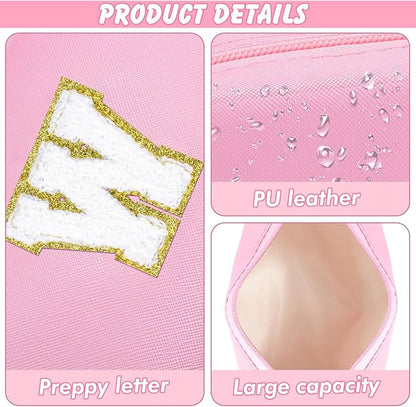 Initial Makeup Bag Personalized Preppy Travel Small Cosmetic Bag Cute PU Pink Chenille Letter Makeup Pouch for Purse Waterproof Zippered Toiletry Organizer for Women Girls Kids Friends (W)