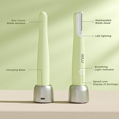 Dermaplane Razor for Women Face, WLU Rechargeable Face Dermaplaning Tool – Peach Fuzz, Facial Hair & Exfoliation Removal, Sonic Technology with LED Light, 3 Speeds & 10 Blades (Green)