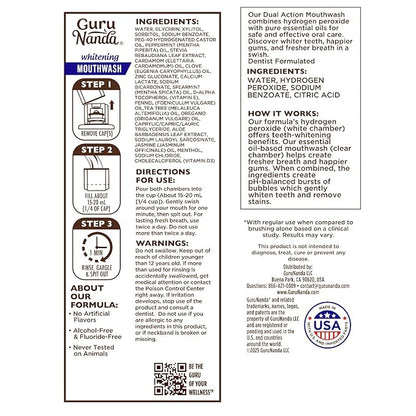 GuruNanda Teeth Whitening Dual Barrel Oxyburst Mouthwash - Alcohol & Fluoride Free, Hydrogen Peroxide to Promote Whiter Teeth - Wild Mint - 20 Fl Oz