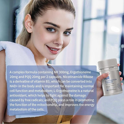 NR Nicotinamide Riboside Supplement 300mg, Supports NAD+ Precursor Production, 60 Capsules, with L-Ergothioneine and PQQ for Cell Regeneration & Anti-Aging