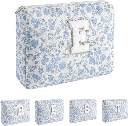 Alphabet Makeup Bag Cosmetic Bag for Women, Christmas Gifts for Age 11-18, Personalized Floral Coquette Travel Bag, Trendy Stuff Zipper Make Up Pouch Organizer Bag (Blue Floral E)