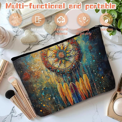 Cosmetic Bags Travel Makeup Toilet Case Waterproof Pouch for Women Girls 6.7X9.45inches - Ornate Dreamcatcher With Colorful Feathers And Beads