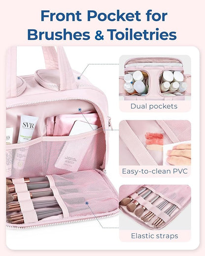 BAGSMART Travel Toiletry Bag, Lightweight Large Wide-open Travel Bag for Women, Puffy Cosmetic Makeup Bag Organizer with Handle for Accessories,Essentials, Toiletries, Pink