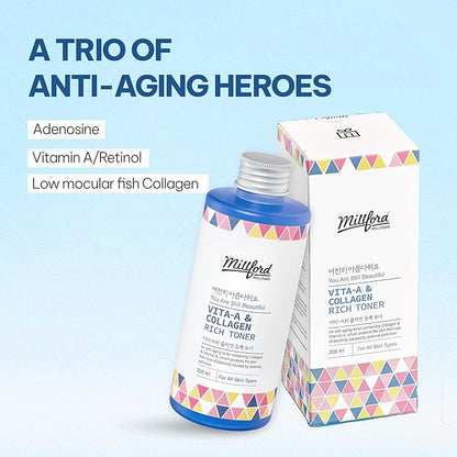 Vita A & Collagen Rich Toner 200ml/6.76 fl.oz - Anti-Aging Retinol Face Toner with Marine Collagen & Panthenol for Fine Lines, Wrinkles, Elasticity & Deep Hydration, Korean Skincare
