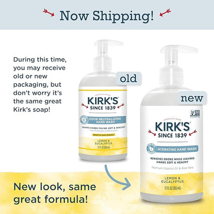 Kirk's Odor-Neutralizing Clean Hand Soap Castile Liquid Soap Pump Bottle | Moisturizing & Hydrating Kitchen Hand Wash | Lemon & Eucalyptus Scent | 12 Fl Oz. Bottle