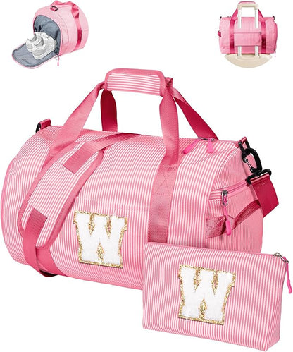 Sweet 16 Gifts, Girls Travel Duffle Bag, Kids Initial Overnight Bags with Shoe Compartment, Personalized Weekend Bag with Makeup Pouch, Dance Recital Gift for Daughter (Letter W)