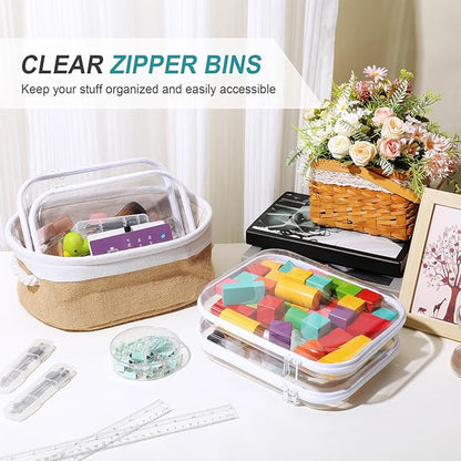 Hoolerry 4 Pcs Hard Clear Zipper Case Makeup Bags Plastic Pencil Pouch Transparent Storage Box Containers for Cosmetics, Snacks, Building Blocks, Puzzles(White,9.8 x 7.9 x 2 in)