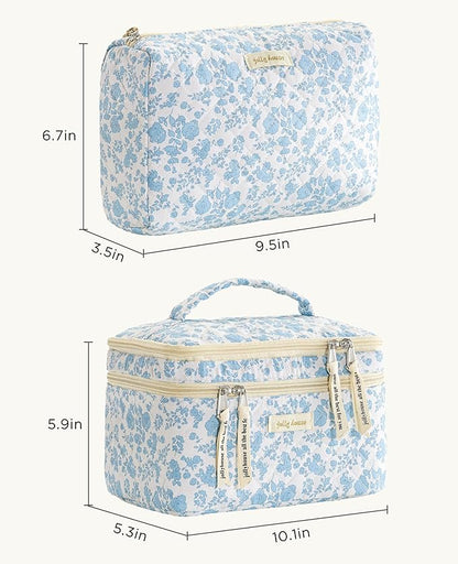 HBselect 2Pcs Travel Makeup Bag, Large Cotton Quilted Makeup Bag Cosmetic Bag Cute Make up Bag Toiletry Bags for Women Girls