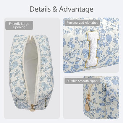 Gleyemor Personalized Initial Makeup Bag for Women, Cute Quilted Blue Floral Cotton Cosmetic Bag, Christmas Gifts for Her Mom Friend Sister Bridesmaid Teacher Women I