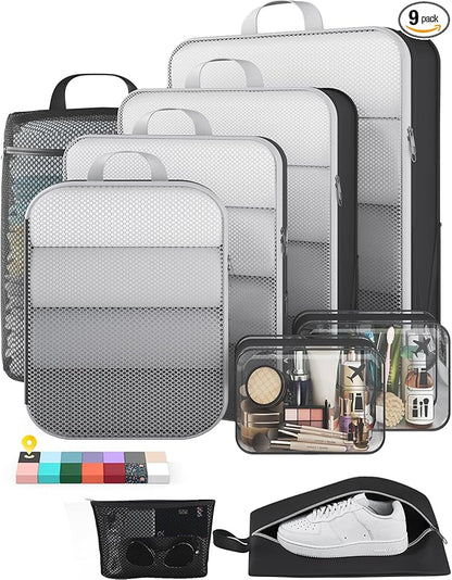 Veken 9/11 Set Compression Packing Cubes for Travel Essentials,Compressible Expandable Large Luggage Suitcase Organizer Bags for Clothing,Durable Space Saver Storage Bags with Toiletry Bags(Black)
